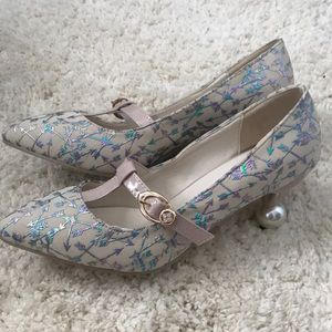 Floral Kitten Heels With Pearled Heel